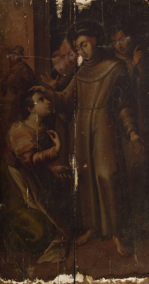 Fraile descalzo tocando la frente de un hombre hincado