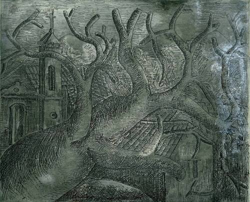 Árbol con iglesia y casas (anverso y reverso grabados)