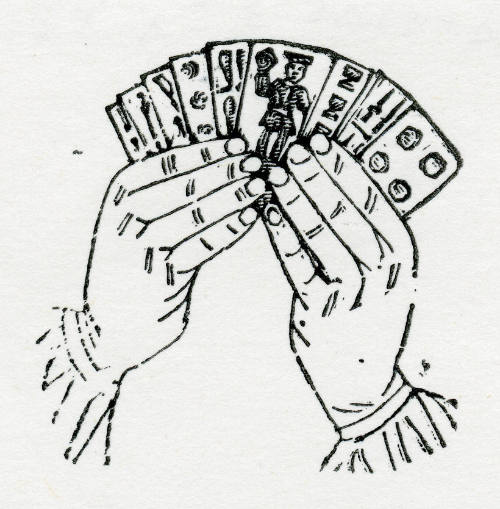 Juego de manos y barajas. Dos manos con barajas (tercera de cinco)