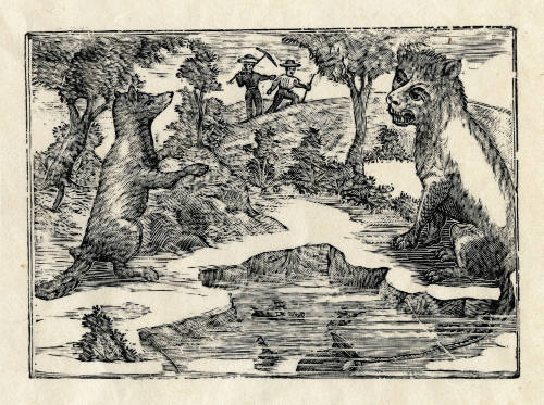 Lobo y león con dos hombres