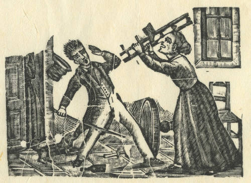 Mujer pegando hombre con escalera